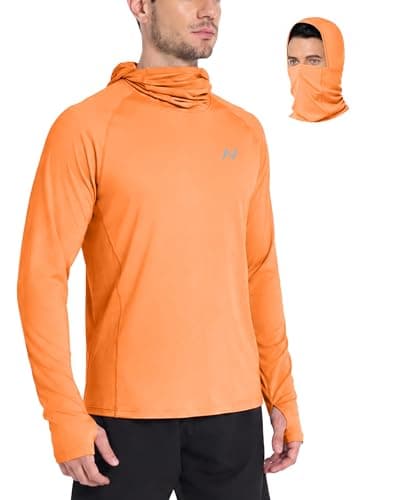 isnowood Men's UPF 50+ Sun Hoodie, Fishing Shirts UV Protection Long Sleeve, Quick Dry Hooded Rash Guard Hiking with Mask Bright Orange - Image 1