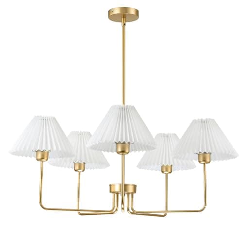 Chandeliers for Dining room,33.4” Gold Modern Pandent Light Fixtures with White ABS+ Fabric Shades, 5-Light Farmhouse Chandeliers for Kitchen Island Table, Bedroom, Living Room, Height Adjustable