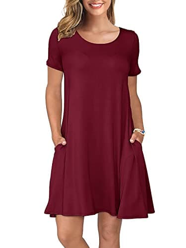 KORSIS Summer Dresses for Women Wine Red Large Casual T Shirt Dress Short Sleeve Swing Flowy Ladies Beach Vacation Sundress with Pockets - Image 1