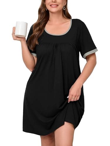 AusLook Plus Size Women's Nightgown 4X Black Short Sleeve Sleep Dress Sleepwear Soft Sleepshirts Pleated Scoopneck Nightshirt Sleep shirts with Pockets - Image 1