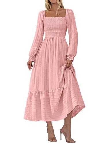 BTFBM Women Maxi Spring Dresses 2026 Long Sleeve Solid Color Square Neck Smocked Boho Long Wedding Guest Dress(Light Pink,XX-Large) - Image 1