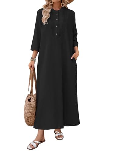 Celmia Cotton Dress for Women Casual Long Sleeve Linen Maxi Dresses Black Large - Image 1