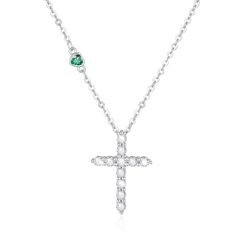 Juvux Easter Gifts for Women Birthstone Cross Necklaces 925 Sterling Silver Heart Gemstone Cross Pendant Necklace Simple Jesus Cross Necklace Simulated Diamond Jewelry Religious Gifts (Emerald) - Image 1