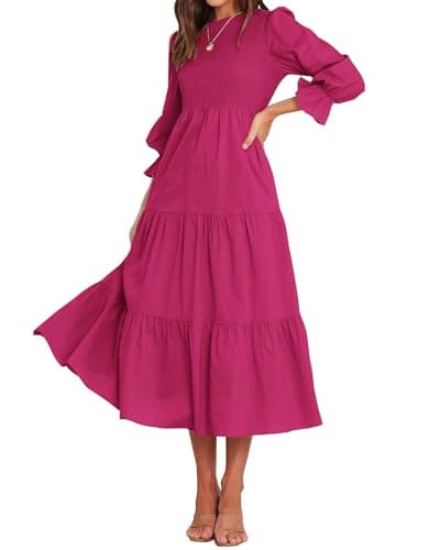 BTFBM Women Casual Long Sleeve Dress Fall Dresses 2025 Solid Color Relaxed Fit Smocked Tiered Flowy Boho Long Dresses(Solid Rose Red,Large) - Image 1