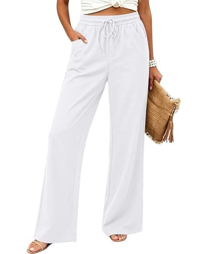 JEKAOYI Wide Leg Pants for Women Flowy Palazzo Drawstring Elastic Waist Trousers with Pockets Summer Beach Vacation Pants White - Image 1