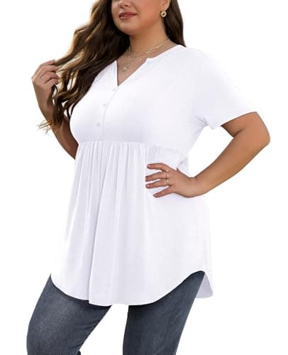 SHIJIALI Women's Plus Size White Tunic Tops V Neck Short Sleeve Loose Fit Flowy for Leggings - Image 1