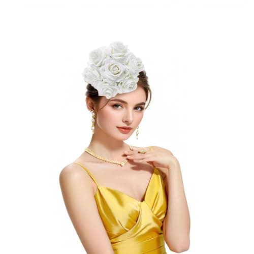 RiJinDuoJin Floral Rose Fascinators Hats for Women Floral Rose Fascinators Headband for Wedding Cocktail Tea Party Prom 20s Flapper Headpiece Hats for Girls and Women - White - Image 1