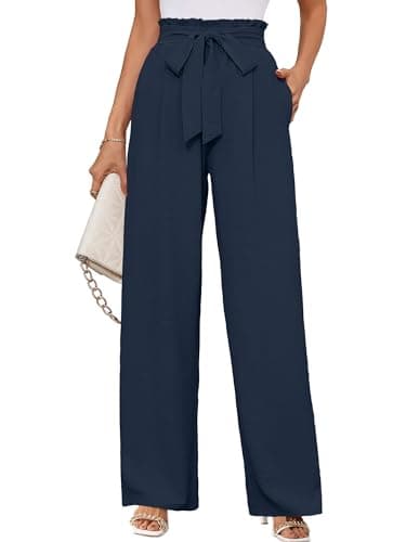 KORSIS Womens Palazzo Pants for Women Casual Lounge Business High Waist Adjustable Tie Knot with Pokects Dark Blue L - Image 1