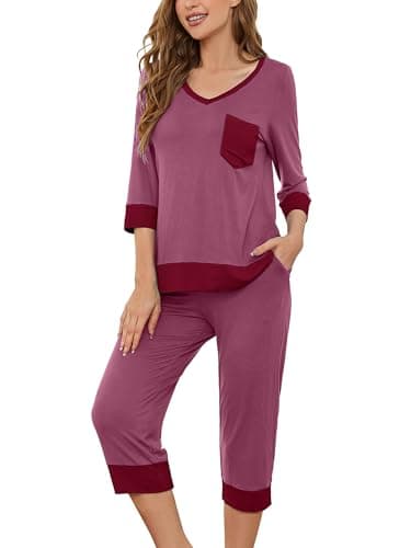 KORSIS Womens Pajama Sets Fall 2 PJ Set Stretchy Sleepwear Purple Red Medium 3/4 Sleeve Tops and Waist Adjustable Capri Pants with Pockets - Image 1