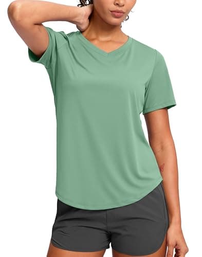 Womens Workout Tops V-Neck Short Sleeve UPF 50+ Sun Shirt Moisture Wicking Quick Dry Top for Gym, Running, Athletic (Sage Green, M) - Image 1