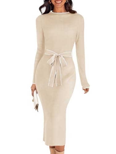 MEROKEETY Women's 2025 Long Sleeve Midi Sweater Dress Fall Mock Neck Color Block Tie Waist Bodycon Knit Dresses, Apricot, XL - Image 1