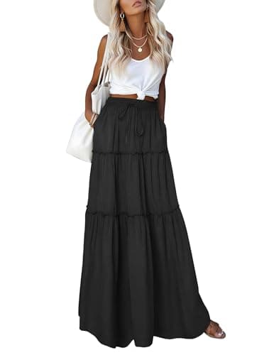 Aprolive Maxi Skirt for Women Elastic High Waist Floral Western Tiered Skirts Flowy Solid Smocked Midi Skirt Ruffle Beach Dresses (1-Black,Medium) - Image 1