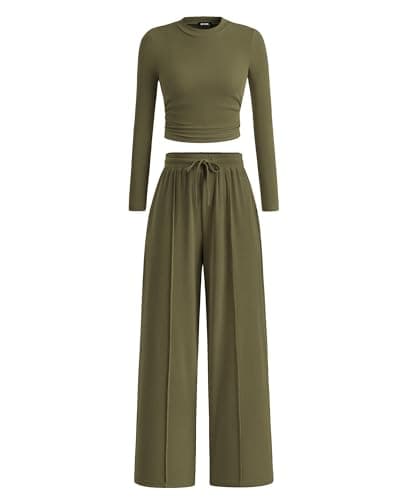 BTFBM Casual 2 Piece Sets For Women Fall Outfits 2026 Ribbed Spring Long Sleeve Crop Top Wide Leg Pants Matching Lounge Set(Army Green, XX-Large) - Image 1