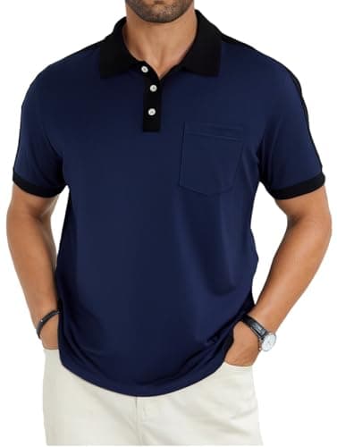 LuxMania Men's Casual Polo Shirts Short Sleeve Classic Button Shirt Fashion Cotton Golf Tops with Pocket Navy L - Image 1