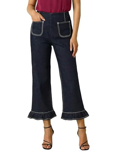 PEIHOT High Waisted Straight Leg Jeans for Women Stretchy Ruffle Hem Cropped Denim Pants 2026 Trendy Black Blue - Image 1