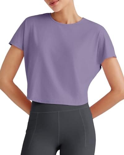 G4Free Workout Shirts Women Loose Fit Short Sleeve Tops Stretchy Yoga Gym Summer Soft Lightweight Casual Exercise Tshirts(Gray Purple,L) - Image 1