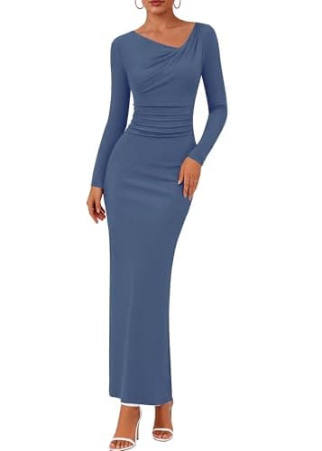 Lazysmile Women's Long Sleeve Asymmetrical Neck Bodycon Maxi Dress Back Slit Ruched Party Cocktail Wedding Guest Dressees Dark Grey Blue - Image 1