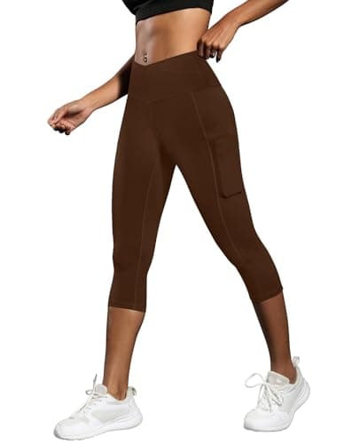 ICTIVE Women's Capris Yoga Pants with Pockets Crossover V Cross High Waisted Fitness Running Leggings Coffee S - Image 1