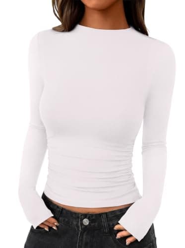 REORIA Womens Mock Neck Ruched Long Sleeve Going Out Top Fall 2026 White L - Image 1