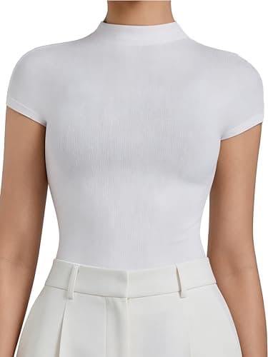 Sunzel Women's High Neck Short Sleeve Top Buttery Soft Stretch Breathable Fitted Sleek Going Out Tops Casual Summer Basic Tee White X-Small - Image 1