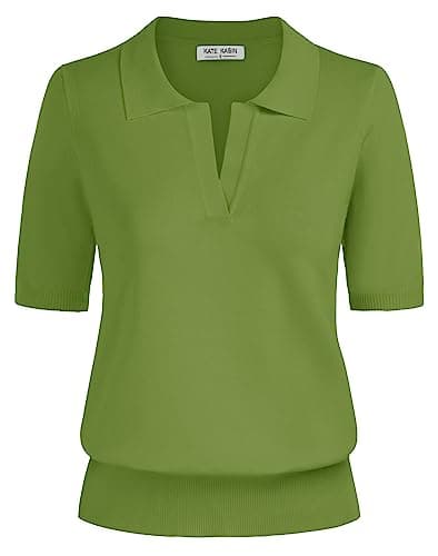 Kate Kasin Short Sleeve Sweaters for Women, V Neck Knit Tops, Business Casual Polo Shirts Green M - Image 1