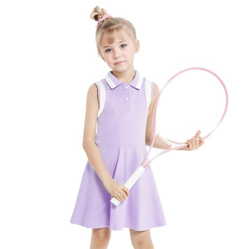 Gogokids Girls Tennis Dress Sleeveless Quick Dry Athletic Polo Dress for Golf Activewear Sports Outfit, Purple, 9-10 Years, 140 - Image 1