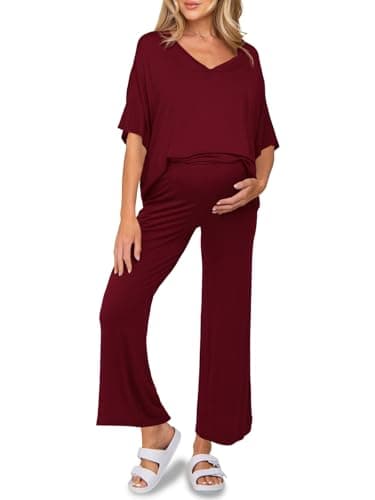 Tankaneo Womens Maternity Pajamas 2 Piece Lounge Set Soft Short Sleeve V Neck T-shirt Cropped Pants Pregnancy Loungewear, Burgundy, Small - Image 1