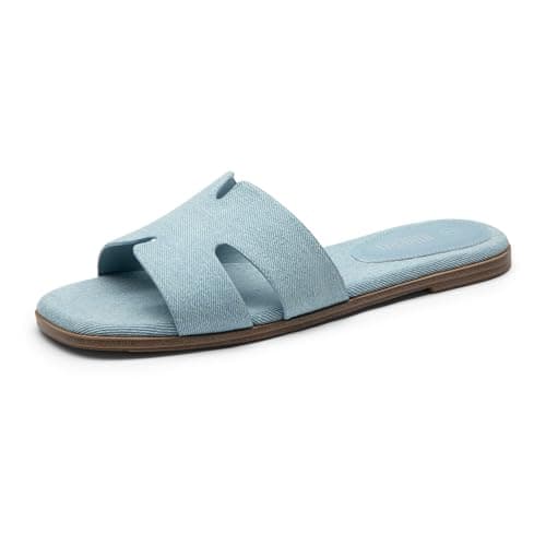 Rihero Women's Dressy Flat Sandals Square Open Toe Blue Sandals Comfortable Slip On Casual Summer Slides for Women Size 10 - Image 1