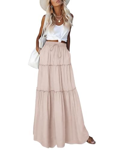 Aprolive Maxi Skirt for Women Elastic High Waist Floral Western Tiered Skirts Flowy Solid Smocked Midi Skirt Ruffle Beach Dresses (1-Tan,Medium) - Image 1
