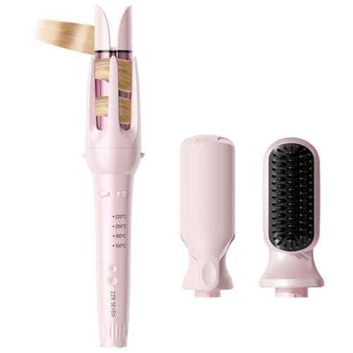 ZZR SEVEN 3 in 1 Automatic Curling Iron with 1.25 Inch Ceramic Barrel, Hair Crimper, Straightening Comb, Rotating Curling Iron with 4 Temp Settings, 10S Fast Heating, Dual Voltage (Pink) - Image 1