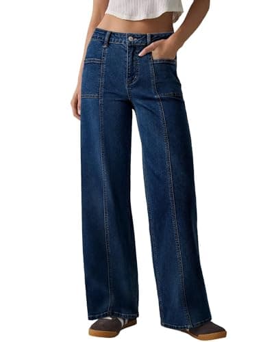 Flvsun Women's High Waisted Wide Leg Jeans Strechy Straight Leg Baggy Jeans Denim Pants Trendy 2026 Dark Blue L - Image 1