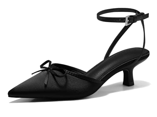 Coutgo Satin Kitten Low Heels with Bow Closed Pointed Toe Short Pumps Dress Wedding Party Shoes, Black, Size 7