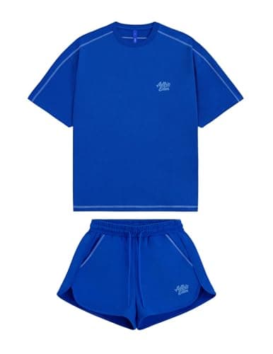 Aelfric Eden Cloud Oversized Sweat Set for women 2 Piece Shorts Outfits 2026 Summer Casual Loose Short Sleeve Matching Lounge Sets Blue X-Large - Image 1