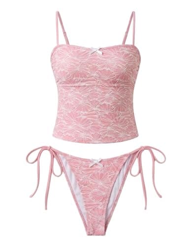 seamoly Womens Two Piece Swimsuit Gingham Bowknot Open Back Bikini Top Tie Side Thong Bikini Sets White Flower XL - Image 1