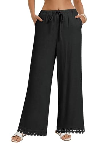 GRACE KARIN Womens Pants Wide Leg Elastic Waist Palazzo Pants Summer Flowy Beach Lounge Casual Trousers with Lace Trim Black XL - Image 1