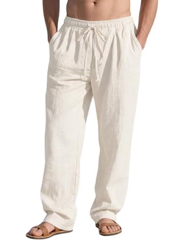 YIGAMA Men's Linen Pants Casual Loose Fit Cotton Trousers with Elastic Drawstring Waist Summer Beach Lightweight Pants - Image 1