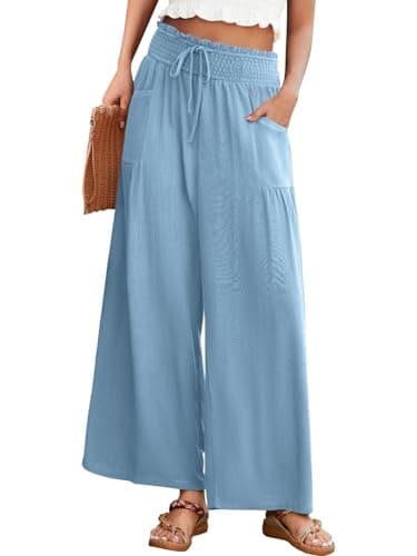 JUYUEO Linen Pants for Women 2026 Summer High Waisted Wide Leg Pants Casual Dressy Palazzo Beach Boho Pants Baby Blue XL - Image 1