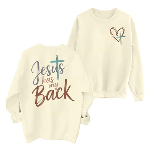 JINTING Women Jesus Sweatshirt Christian Faith Shirt Jesus Has My Back Sweatshirts Bible Verse Inspirational Pullover Apricot - Image 1