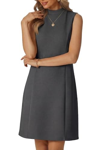 HiMONE Womenâs Mock Neck Mini Dress Sleeveless A-Line Swing Dress with Pockets Casual Soft Stretch Summer Dress Dark Gray - Image 1
