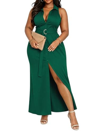Deep V Neck Button Down Dress for Women Sleeveless Collared High Split Long Shirt Dresses Cocktail Wedding Party Maxi Dress Green 2XL - Image 1