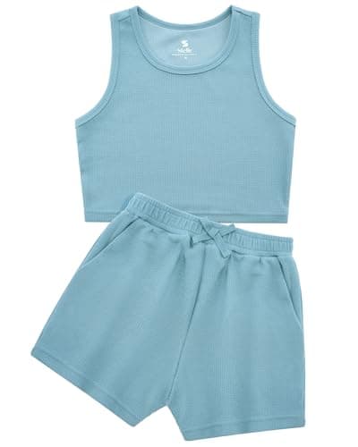 Stelle Girls Athletic Sets, Scoop Neck Ribbed Crop Tops Elastic Waist Shorts With Pockets 2 Piece Outfits, Girls Summer Outfits 5T, Steel Blue, X-Small - Image 1