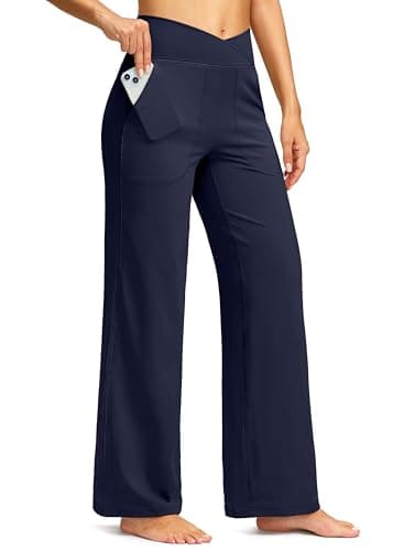 Soothfeel Wide Leg Pants Woman Yoga Pants with Pocket Crosscover High Waist Stretch Lounge Casual Dress Sweatpant Petite Navy - Image 1