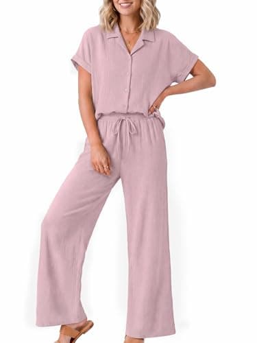 Casly Lamiit Womens 2 Piece Sets Beach Vacation Outfits Wide Leg Pants Sets Pink Holiday Date Outfits Matching Loungewear Dusty Pink 2XL - Image 1