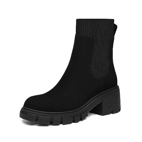 Athlefit Women's Black Chelsea Boots Fall Platform Ankle Boots Slip on Chunky Lug Sole Boots - Image 1