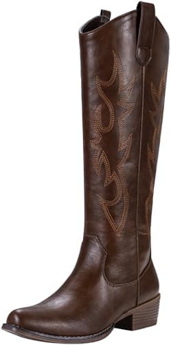 Jeossy Women's Whisky Western Cowboy Boots Embroided Wide Calf Knee High Cowgirl Boots Round Toe Tall Boots with Inside Zipper Comfortable for Wedding Party Daily Wear Size 8.5 (DJY9809 whisky 08.5) - Image 1