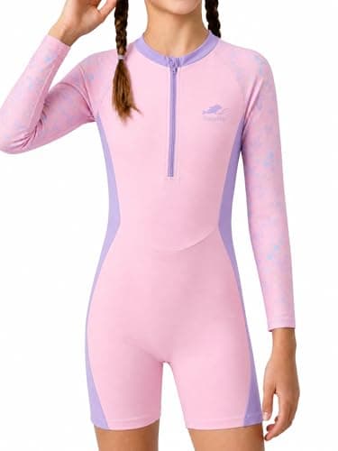 Gogokids Girls One Piece Swimsiut Rash Guard Suits Front Zipper Long Sleeve UPF 50+ Sun Protection Swimwear,Pink Butterfly,4-5 Years