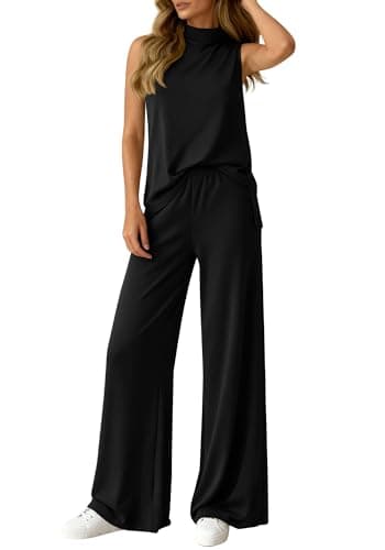 BTFBM 2 Piece Outfits For Women Airport Travel Summer 2026 Loose Mock Neck Sleeveless Wide Leg Pants Workout Lounge Sets(Black, X-Large) - Image 1