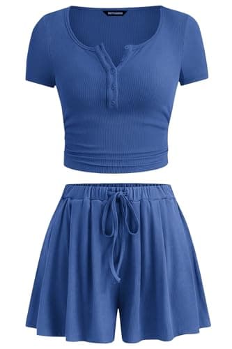 PRETTYGARDEN Workout Sets For Women 2026 Button Up Shirts Drawstring Shorts Set 2 Piece Lounge Set Travel Summer Outfis(Blue,Small) - Image 1