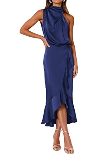 KIRUNDO Women 2026 Spring Summer Satin Mock Neck Wedding Guest Party Cocktail Midi Dress Sleeveless Wrap Ruffle Formal Dress(Deep Blue, X-Large) - Image 1