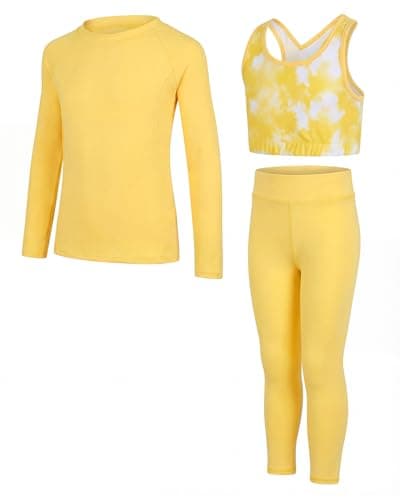 JiAmy Girls Yoga Leggings Athletic Leggings Training Set Kids Crop Tank Top Activewear Set for 6-7 Years Yellow - Image 1